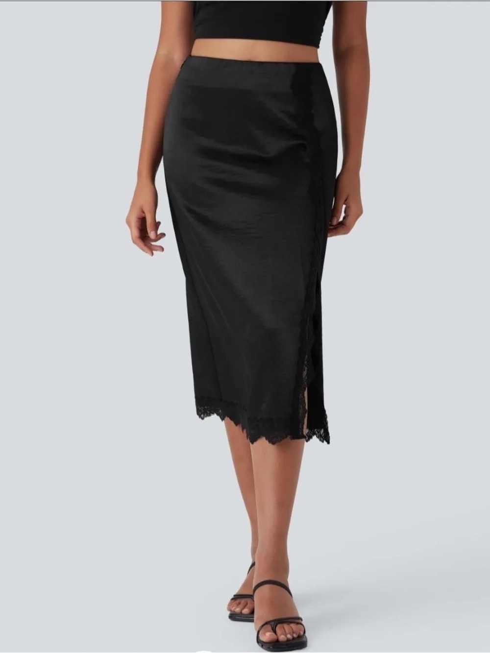 Black Lace-Trim Midi Skirt